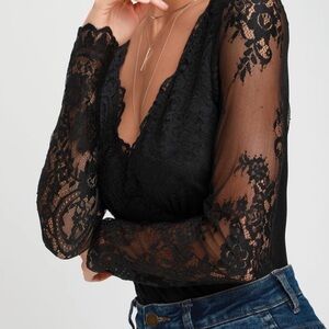 Lulus Sheer Black Lace Long Sleeve Bodysuit